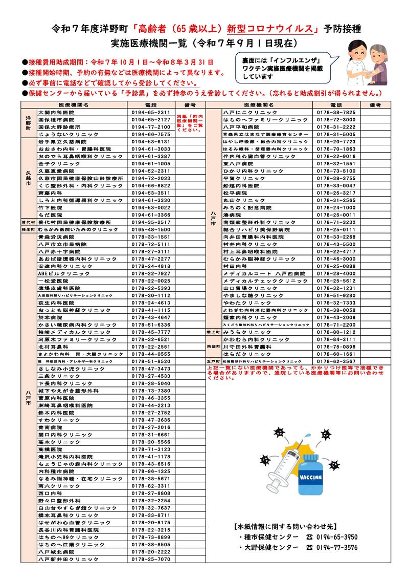 R7 洋野町「高齢者新型コロナウイルス」予防接種実施医療機関(一覧表).pdf_001